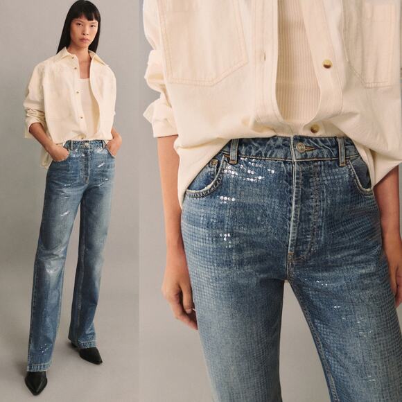 NEW MNG Mango Denim Jeans Sequin Shiny Straight Leg Blue Jeans Hem Slit Size 2 - Picture 1 of 11